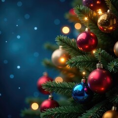 Fototapeta premium Colorful balls and stars on the Christmas tree, branch, lights, ornaments