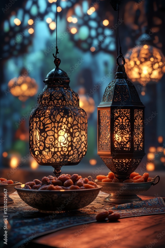 Aufkleber illuminated lanterns and dates on a table.