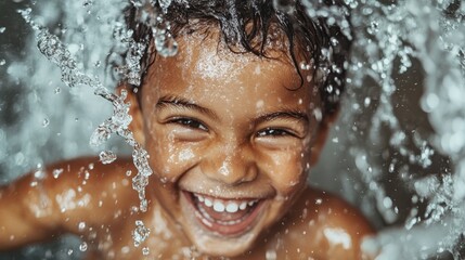 Obraz premium Joyful child runs through a backyard sprinkler on a sunny summer day