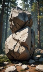 Rustic granite rock formation in forest environment, mossy stone, granite outcrop