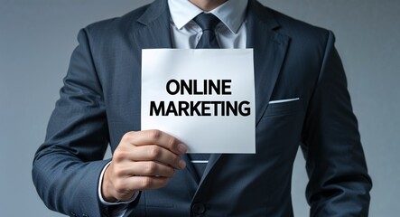 online marketing text on plain white paper in hand on guy on formal suit business concept background