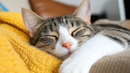 Cozy cat napping in soft blanket light on a peaceful morning