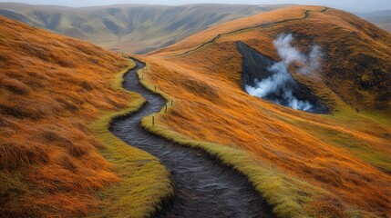 Breathtaking Pathway Through Vibrant Autumn Hills with Steaming Fumaroles in Majestic Icelandic Landscape Perfect for Hiking and Nature Photography Enthusiasts