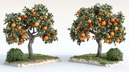 Two laden orange trees, garden setting, 3D render, website design