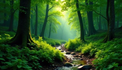 Obraz premium Forest floor with winding forest path and river, forest, winding, greenery