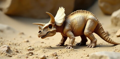 Obraz premium Fossilized triceratops bones in sand and stone, sedimentary, fossil