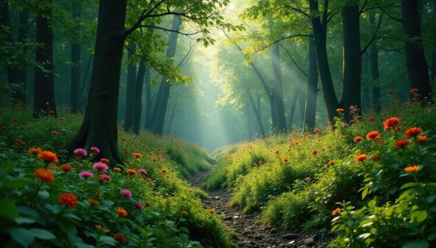 Forest undergrowth with dense thickets of shrubs and wildflowers, thicketed forest, undergrowth, shrublands