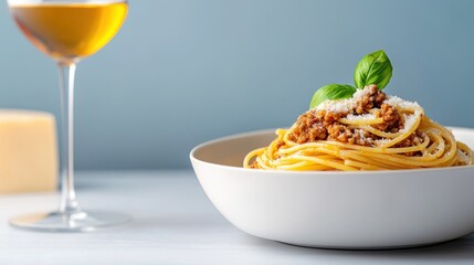 Savory spaghetti bolognese garnished with basil and parmesan cheese