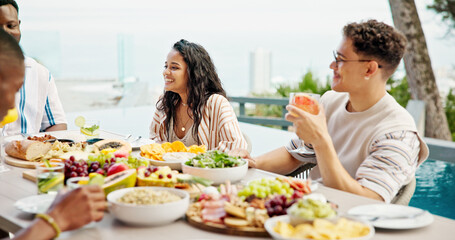 Party, friends and happy people eating lunch at celebration, hangout and holiday at event outdoor. Group, food and social gathering and together at reunion, conversation and drink alcohol by pool