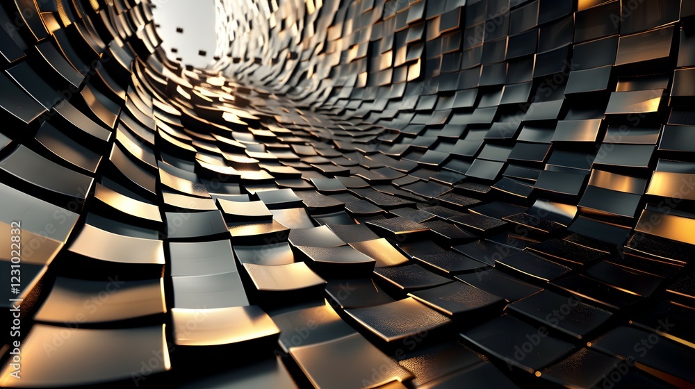 Poster abstract, reflective surface creating a dynamic, flowing tunnel-like effect.