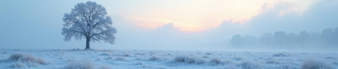 Frosty landscape with bare trees and misty atmosphere, landscape, quiet, nature