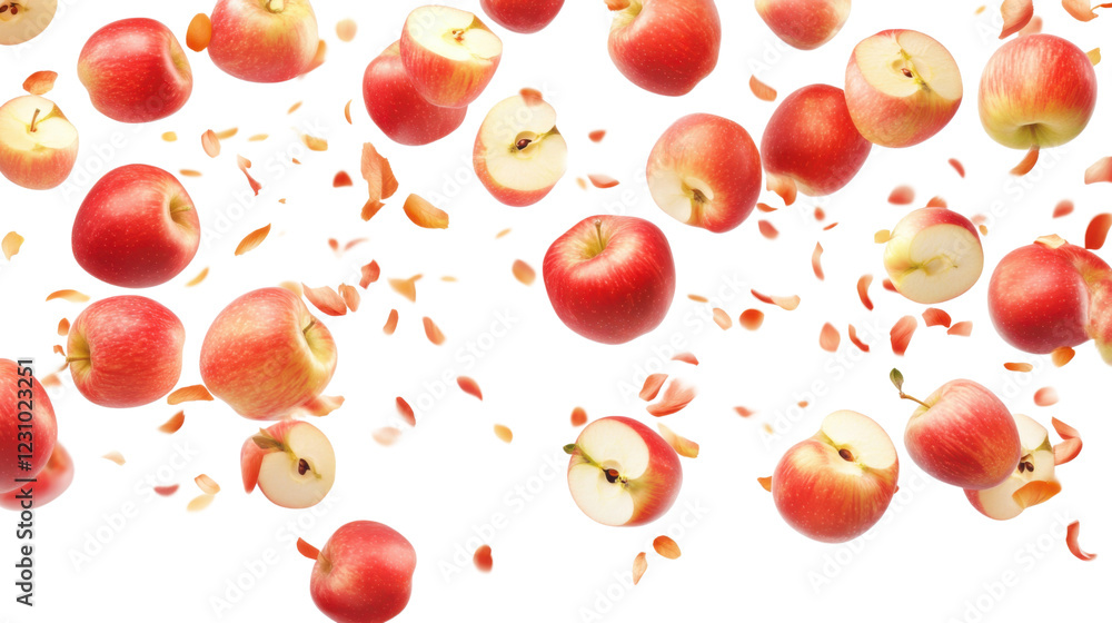 Poster ripe red apples and slices falling on transparent background