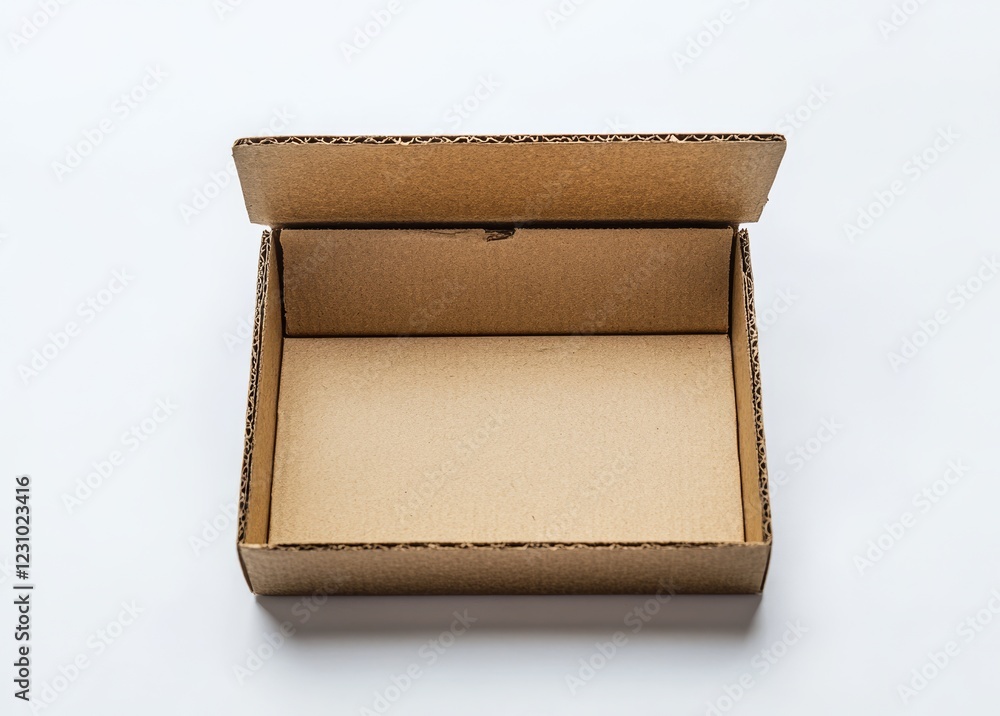 Poster empty open cardboard box on white background.