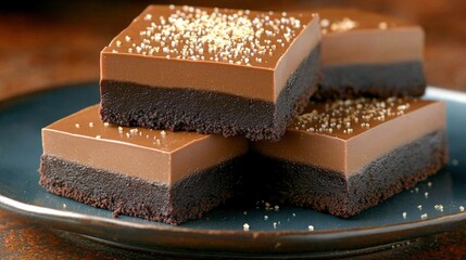 Delicious chocolate layered dessert squares kitchen food photography cozy atmosphere close-up indulgence