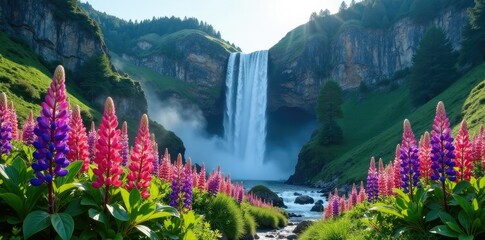 Lupine blooms at the base of a towering waterfall, wildflowers, waterfalls, mountain scenery