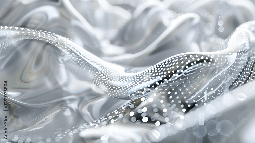Poster abstract silver waves with dotted patterns creating a fluid, dynamic visual effect.