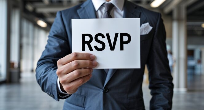 rsvp text on plain white paper in hand on guy on formal suit business concept background