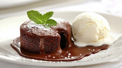 Decadent chocolate lava cake gourmet restaurant dessert presentation elegant dining room close-up shot indulgent flavor experience