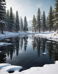 Snow-covered pine trees reflecting in icy lake, pine trees, lake