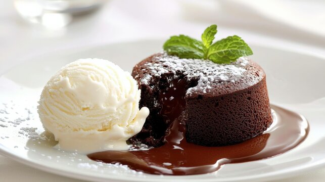 Indulging in decadent chocolate lava cake with vanilla ice cream upscale restaurant food photography elegant dining close-up dessert delight