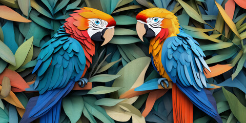 Fototapeta premium multicolored A 3D image made from several layers of plywood. Two parrots in close-up sitting surrounded by leaves from exotic plants