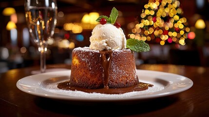 Decadent chocolate dessert with ice cream cozy restaurant food photography warm ambiance close-up...