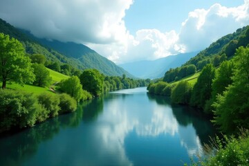 Serene water flows gently through hills covered with lush greenery, cloudy sky, foliage