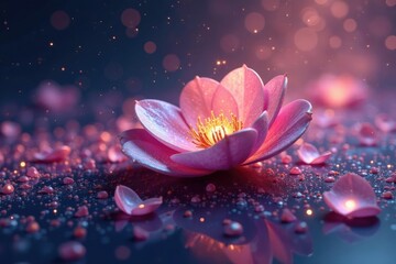 Shimmering metallic petals on a cosmic landscape, ethereal, landscape, glowing