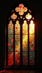 Shimmering stained glass windowpane in sunlight, stained glass, radiant