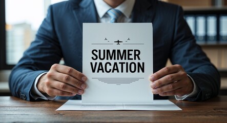 summer vacation text on plain white paper in hand on guy on formal suit business concept background