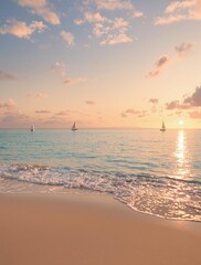 Soft focus beach scene with warm sand, calm water, and a few sailboats on the horizon, sailboats in the distance, soft focus photography
