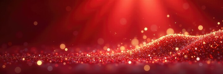 Sparkling golden and silver snowflakes fall on a dark red surface under lights, golden, winter, frosty