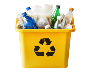 Recycling bin filled with plastic bottles and containers, promoting eco friendly waste management and sustainability