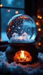 Sparkling ice crystals in a snowglobe above a fireplace, snowglobe, frosty, enchanting
