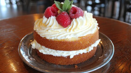 Indulging in a cozy bakery experience close-up of a raspberry cream cake surrounded by fresh raspberries in a warm inviting setting