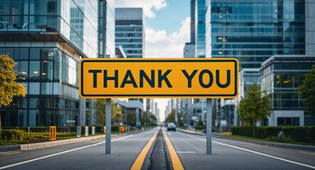 Obraz premium Thank you text on road sign in middle of modern business city background