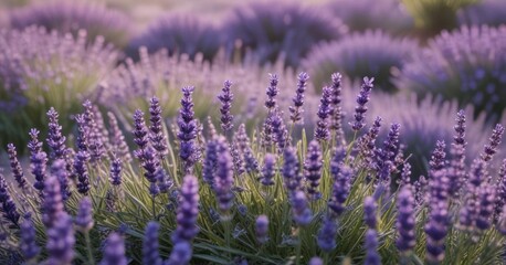 Obraz premium Softly falling morning dew glistens on a bed of blooming lavender flowers, bloom, scenery, lavender