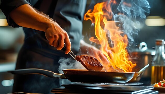 Flambe cooking technique demonstration professional kitchen culinary art modern environment close-up view food presentation