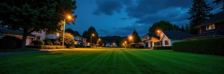 Suburban lawn with minimal streetlights and clear night sky, streetlights, grass, trees