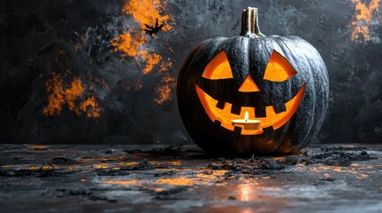 Glowing Black Halloween Jackolantern Candlelight Scene