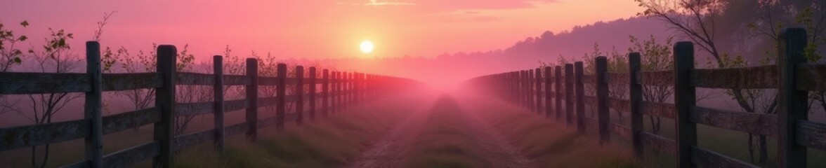 Fototapeta premium Soft pink tones seep into the sky as the sun dips behind the orchard's rustic fence, misty, rustic, peaceful