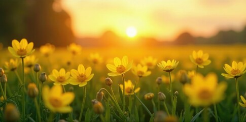Soft sunrise over a field of pale yellow flowers, sunrise, garden