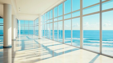 Obraz premium Modern Ocean View Corridor With Floor To Ceiling Windows