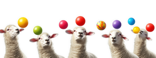 Group of sheep juggling colorful balls, showcasing playful energy and fun. These adorable animals balance vibrant spheres on their heads, creating whimsical scene