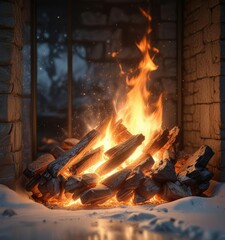 Fototapeta premium Sparkling fire crackles in the hearth, reflecting off a frosty windowpane , cozy, windowpane