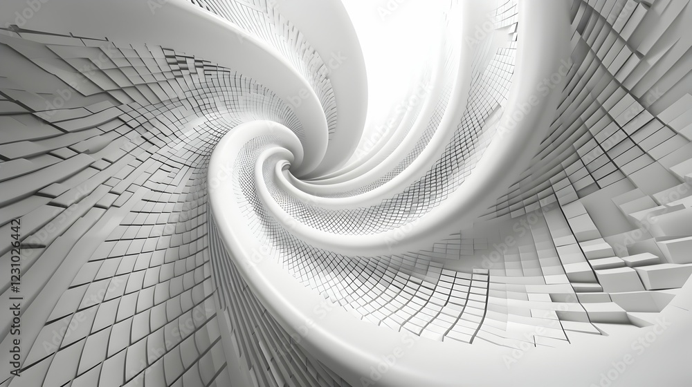 Poster abstract swirling design in white tones, creating a sense of depth and motion.
