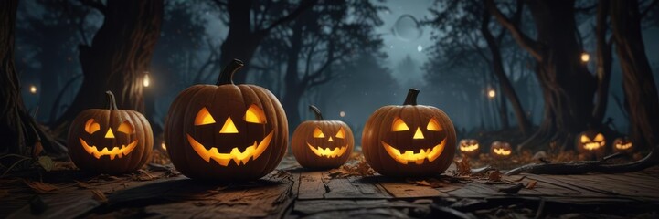 Spooky forest with Halloween pumpkins on wood at night, holiday, Halloween