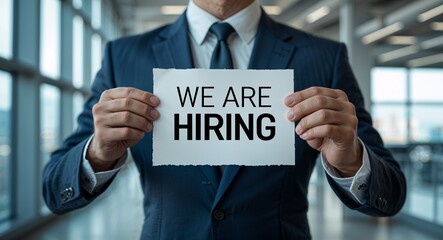 we are hiring text on plain white paper in hand on guy on formal suit business concept background