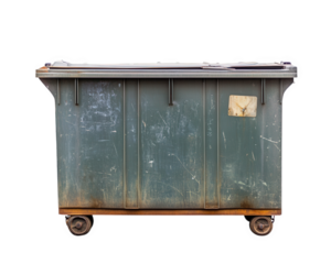 large outdoor recycling dumpster with weathered appearance, featuring rust and scratches, ideal for waste management and recycling purposes
