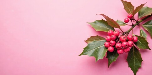 Obraz premium Pink holly branch on a pink Christmas background, pink flowers, pink background, xmas scene